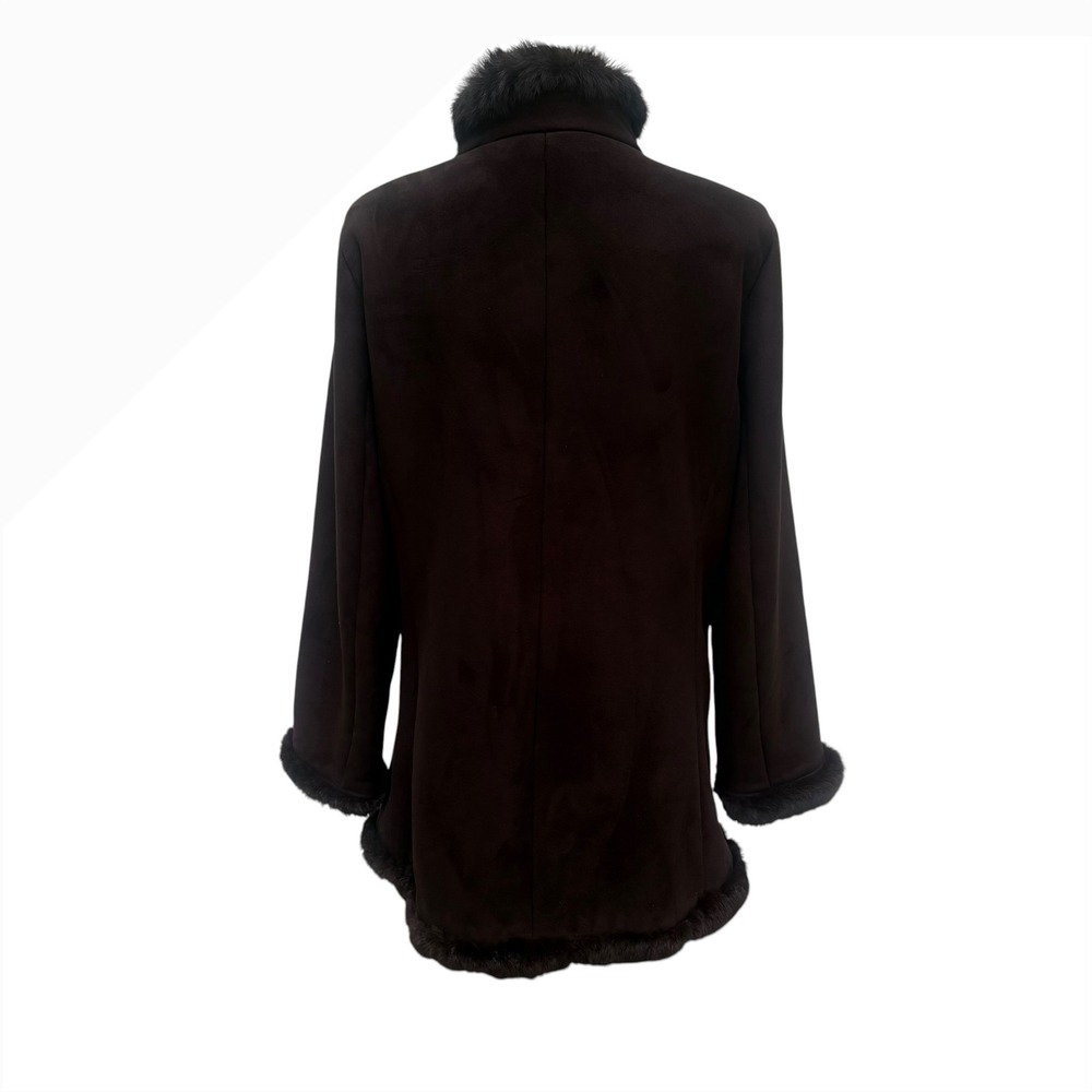 Dana Buchman Faux Suede Coat L Brown Genuine Fur Trim Winter Jacket Luxe Elegant - Picture 5 of 15